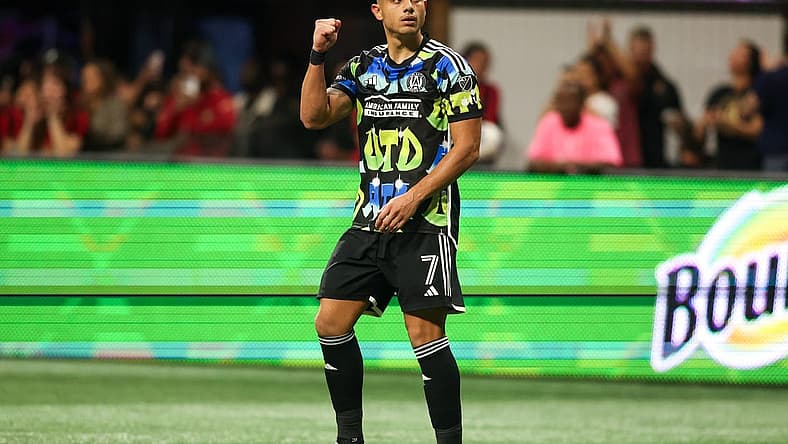 Nov 7, 2023; Atlanta, Georgia, USA; Atlanta United forward Giorgos Giakoumakis (7) celebrates after a goal in first half against Columbus Crew at Mercedes-Benz Stadium. Mandatory Credit: Brett Davis -USA TODAY Sports