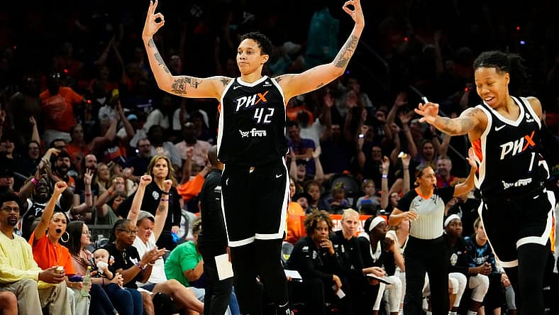 Phoenix Mercury center Brittney Griner (42) reacts after making a 3-pointer during the home opener against the Chicago Sky in the second half at Footprint Center on May 21, 2023.