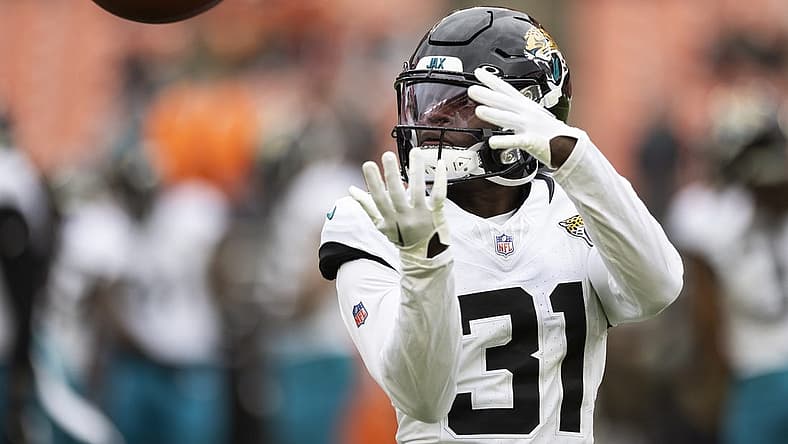 Dec 10, 2023; Cleveland, Ohio, USA; Jacksonville Jaguars cornerback Darious Williams (31) catches the ball during warm ups before the game against the Cleveland Browns at Cleveland Browns Stadium. Mandatory Credit: Scott Galvin-USA TODAY Sports