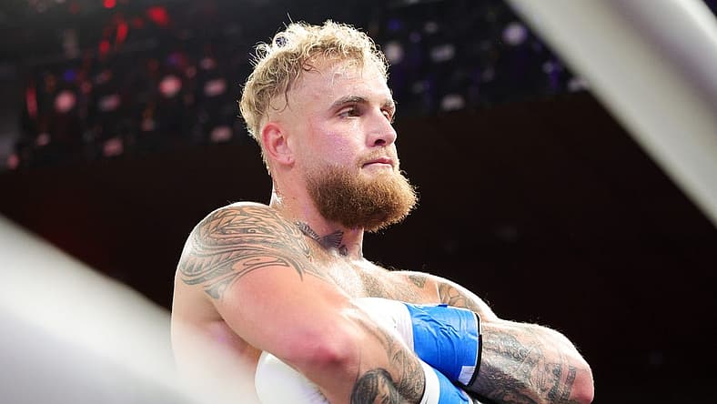 Dec 15, 2023; Orlando, Florida, USA;  Jake Paul reacts after knocking out Andre August in the first round at Caribe Royale Orlando. Mandatory Credit: Nathan Ray Seebeck-USA TODAY Sports