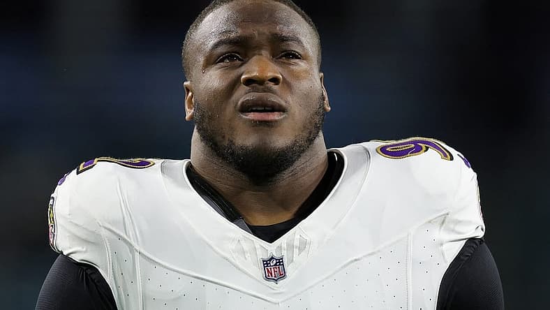 Dec 17, 2023; Jacksonville, Florida, USA;  Baltimore Ravens defensive tackle Justin Madubuike (92) warms up before a game against the Jacksonville Jaguars at EverBank Stadium. Mandatory Credit: Nathan Ray Seebeck-USA TODAY Sports