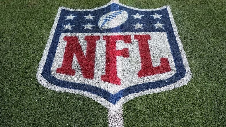 Dec 21, 2023; Inglewood, California, USA; The NFL shield lgo on the field at SoFi Stadium. Mandatory Credit: Kirby Lee-USA TODAY Sports