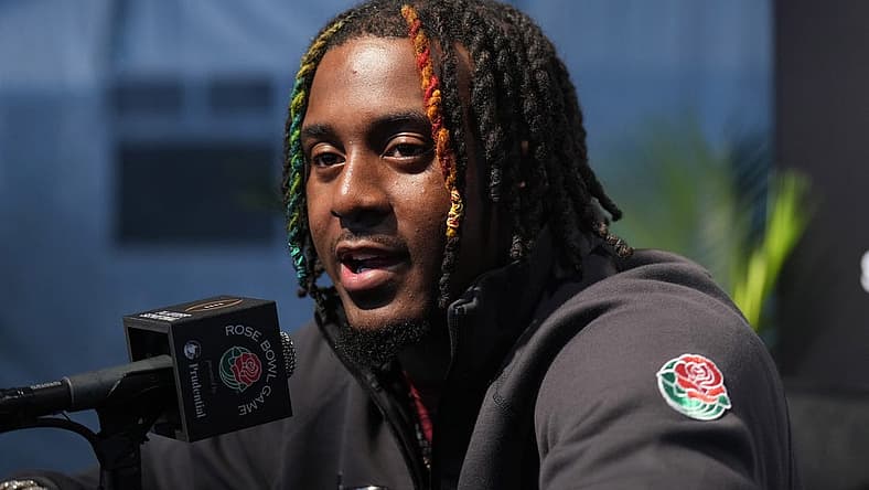 Dec 30, 2023; Pasadena, CA, USA; Alabama Crimson Tide defensive back Kool-Aid McKinstry during Rose Bowl media day at Rose Bowl Stadium. Mandatory Credit: Kirby Lee-USA TODAY Sports