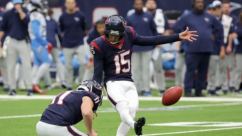 Dec 31, 2023; Houston, Texas, USA; Houston Texans place kicker Ka'imi Fairbairn (15) makes a field goal against the Tennessee Titans in the first quarter at NRG Stadium. Mandatory Credit: Thomas Shea-USA TODAY Sports