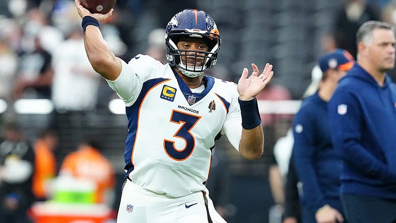 Jan 7, 2024; Paradise, Nevada, USA; Denver Broncos quarterback Russell Wilson (3) warms up before a game against the Las Vegas Raiders at Allegiant Stadium. Mandatory Credit: Stephen R. Sylvanie-USA TODAY Sports