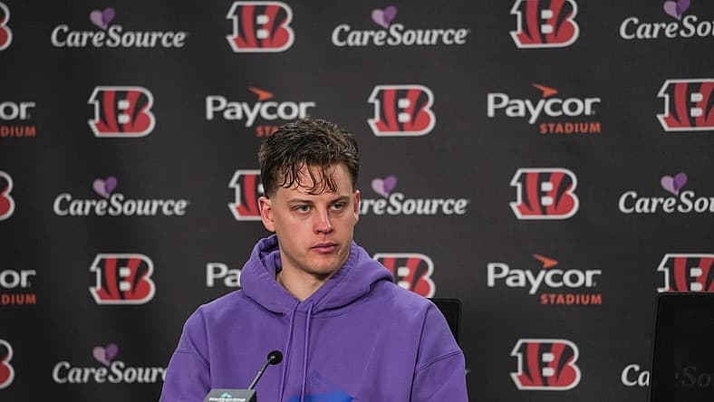 Bengals quarterback Joe Burrow speaks to the media during a press conference on the first day of the off season for the Bengals at Paycor Stadium on Monday January 8, 2024