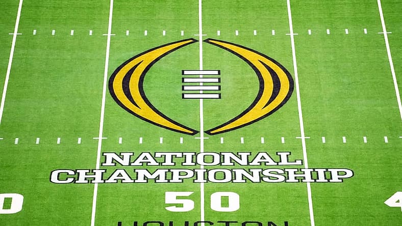 Jan 8, 2024; Houston, TX, USA; The 2024 CFP logo on the field before the 2024 College Football Playoff national championship game between the Michigan Wolverines and the Washington Huskies at NRG Stadium. Mandatory Credit: Kirby Lee-USA TODAY Sports