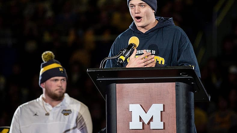 Jan 13, 2024; Ann Arbor, MI, USA; Michigan quarterback J.J. McCarthy speaks during the national championship celebration at Crisler Center in Ann Arbor on Saturday, Jan. 13, 2024. Mandatory Credit: Junfu Han-USA TODAY Sports