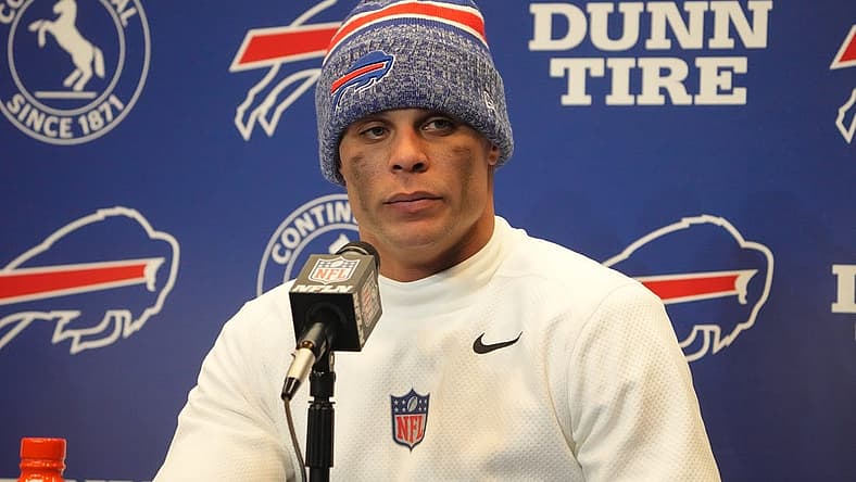 Jan 15, 2024; Orchard Park, New York, USA; Buffalo Bills safety Jordan Poyer (21) at a press conference after a 2024 AFC wild card game at Highmark Stadium. Mandatory Credit: Kirby Lee-USA TODAY Sports