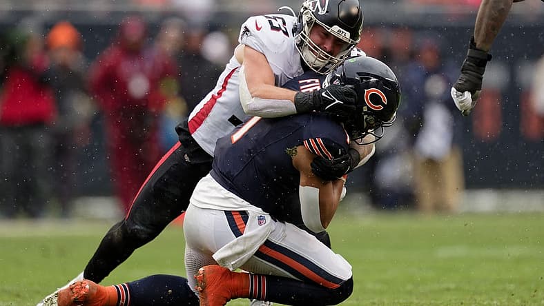 Dec 31, 2023; Chicago, Illinois, USA;  Atlanta Falcons linebacker Nate Landman (53) makes a tackle against the Chicago Bears at Soldier Field. Mandatory Credit: Jamie Sabau-USA TODAY Sports