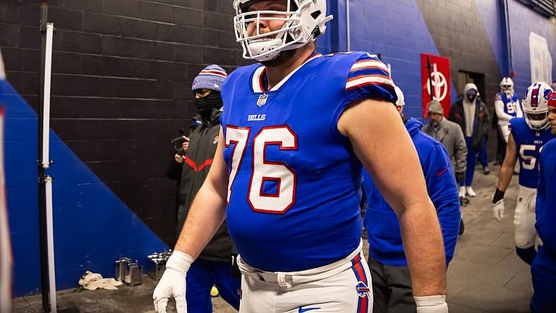 Jan 21, 2024; Orchard Park, New York, USA; Buffalo Bills guard David Edwards (76) against the Kansas City Chiefs in the 2024 AFC divisional round game at Highmark Stadium. Mandatory Credit: Mark J. Rebilas-USA TODAY Sports