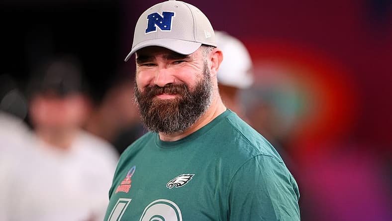 Feb 1, 2024; Orlando, FL, USA;  Philadelphia Eagles center Jason Kelce (62) participates in the NFL Pro Bowl Skills Competition at the UCF NIcholson Fieldhouse. Mandatory Credit: Nathan Ray Seebeck-USA TODAY Sports