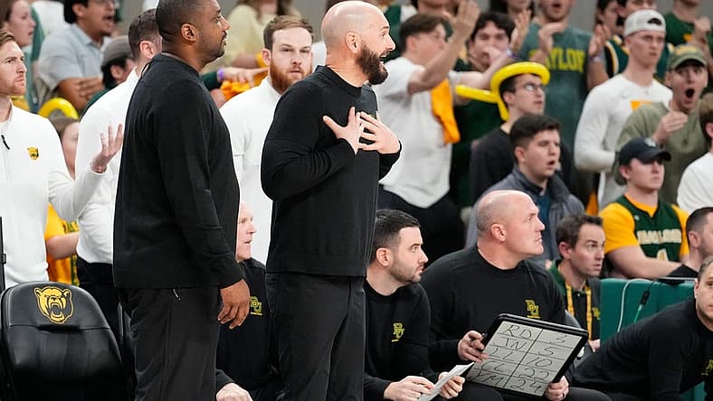 Feb 3, 2024; Waco, Texas, USA; Baylor Bears associate head coach John Jakus reacts after receiving a technical foul against the Iowa State Cyclones during the second half at Paul and Alejandra Foster Pavilion. Mandatory Credit: Chris Jones-USA TODAY Sports