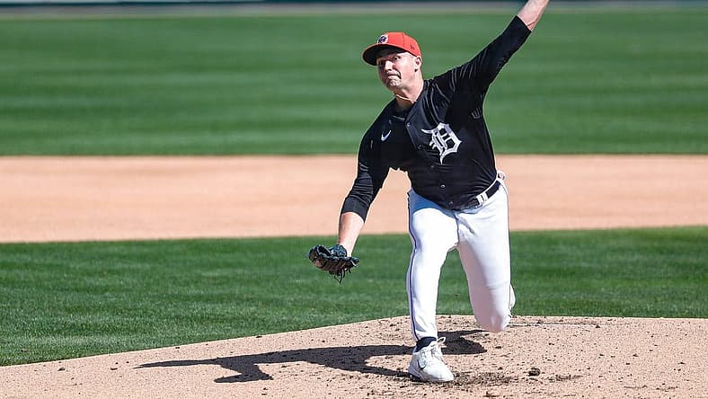 Detroit Tigers pitcher Tarik Skubal throws during spring training at TigerTown in Lakeland, Fla. on Friday, Feb. 23, 2024.