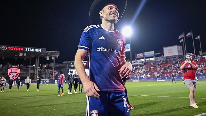 Feb 24, 2024; Frisco, Texas, USA; FC Dallas midfielder Asier Illarramendi (14) celebrates with the cowboy hat after FC Dallas defeats San Jose Earthquakes 2-1 at Toyota Stadium. Mandatory Credit: Jerome Miron-USA TODAY Sports