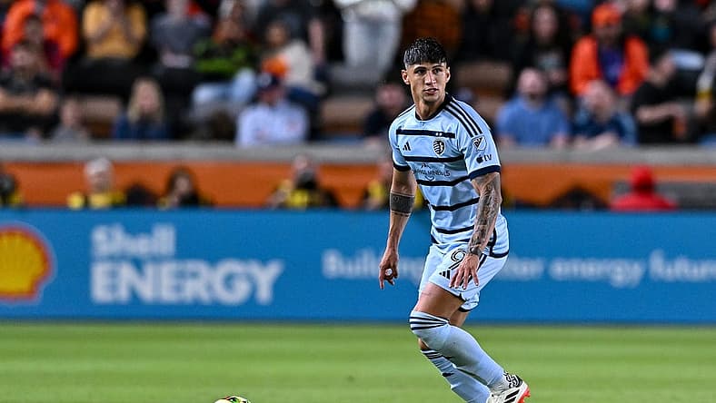 Feb 24, 2024; Houston, Texas, USA; Sporting Kansas City forward Alan Pulido (9) controls the ball during the first half against Houston Dynamo FC at Shell Energy Stadium. Mandatory Credit: Maria Lysaker-USA TODAY Sports