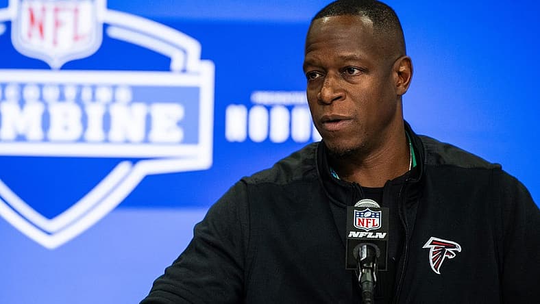 Feb 27, 2024; Indianapolis, IN, USA;  Atlanta Falcons head coach Raheem Morris talks to the media at the 2024 NFL Combine at Indiana Convention Center. Mandatory Credit: Trevor Ruszkowski-USA TODAY Sports