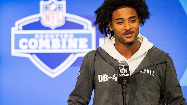 Feb 29, 2024; Indianapolis, IN, USA; Clemson defensive back Nate Wiggins (DB42) talks to the media during the 2024 NFL Combine at Lucas Oil Stadium. Mandatory Credit: Trevor Ruszkowski-USA TODAY Sports