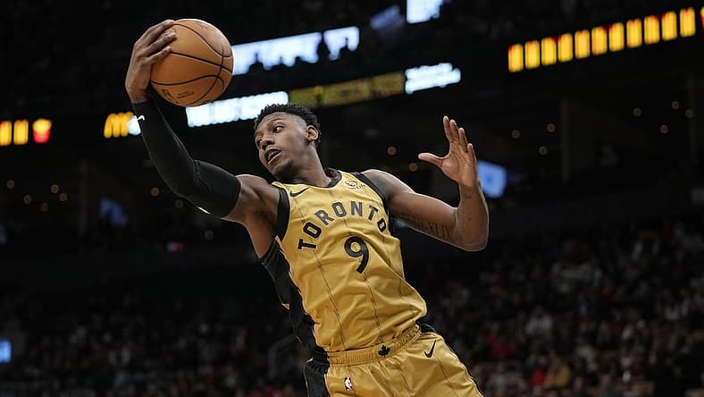 Mar 1, 2024; Toronto, Ontario, CAN; Toronto Raptors guard RJ Barrett (9) comes down with a rebound against Golden State Warriors during the second half at Scotiabank Arena. Mandatory Credit: John E. Sokolowski-USA TODAY Sports