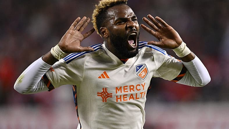 Mar 2, 2024; Chicago, Illinois, USA; FC Cincinnati forward Aaron Boupendza (9) celebrates after scoring against the Chicago Fire FC in the first half at Soldier Field. Mandatory Credit: Jamie Sabau-USA TODAY Sports