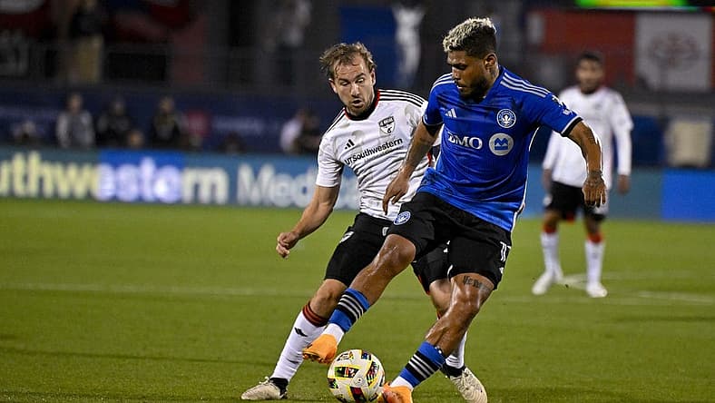 Mar 2, 2024; Frisco, Texas, USA; FC Dallas midfielder Paxton Pomykal (19) and CF Montreal forward Josef Martinez (17) battle for control of the ball during the second half at Toyota Stadium. Mandatory Credit: Jerome Miron-USA TODAY Sports