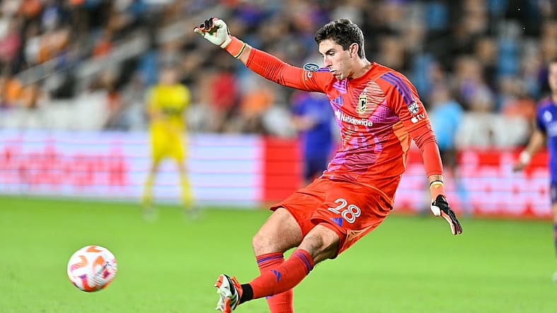 Columbus Crew goalkeeper Patrick Schulte (28) clears the balll during the second half against Houston Dynamo FC at Shell Energy Stadium. Mandatory Credit: Maria Lysaker-USA TODAY Sports