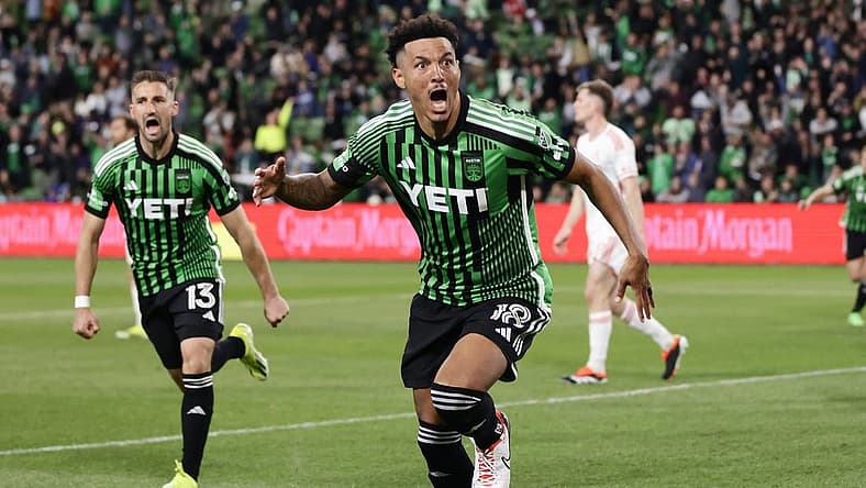 Mar 9, 2024; Austin, Texas, USA; Austin FC defender Julio Cascante (18) celebrates his goal scored against St. Louis CITY SC during the second half at Q2 Stadium. Mandatory Credit: Erich Schlegel-USA TODAY Sports