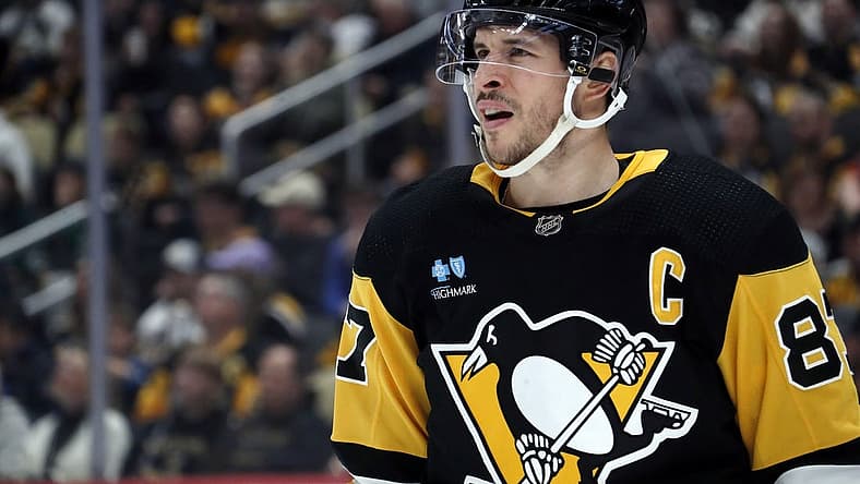 Mar 10, 2024; Pittsburgh, Pennsylvania, USA; Pittsburgh Penguins center Sidney Crosby (87) looks on against the Edmonton Oilers during the second period at PPG Paints Arena. Mandatory Credit: Charles LeClaire-USA TODAY Sports