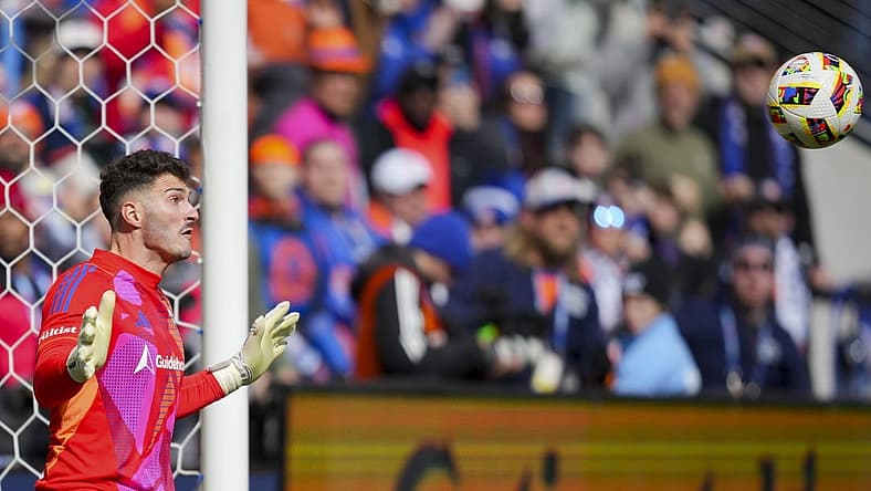 Mar 10, 2024; Cincinnati, Ohio, USA; D.C. United goalkeeper Alex Bono (24) makes a save in net against FC Cincinnati in the first half at TQL Stadium. Mandatory Credit: Aaron Doster-USA TODAY Sports
