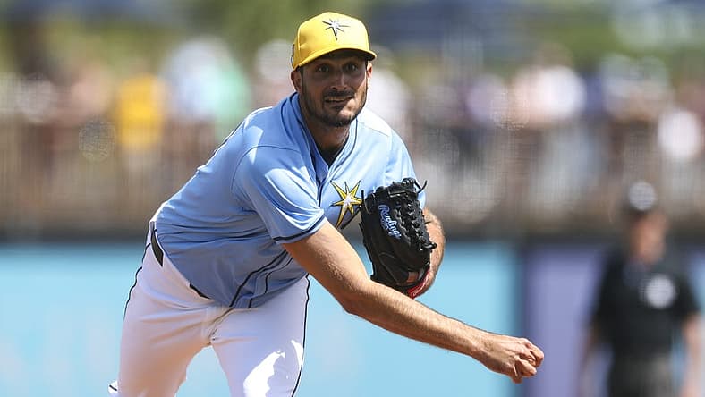 Mar 11, 2024; Port Charlotte, Florida, USA; Tampa Bay Rays starting pitcher Zach Eflin (24) throws a pitch against the Toronto Blue Jays in the third inning at Charlotte Sports Park. Mandatory Credit: Nathan Ray Seebeck-USA TODAY Sports