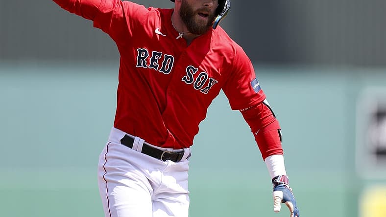Mar 17, 2024; Fort Myers, Florida, USA; Boston Red Sox shortstop Trevor Story (10) runs the bases after hitting a three-run home run against the New York Yankees in the first inning at JetBlue Park at Fenway South. Mandatory Credit: Nathan Ray Seebeck-USA TODAY Sports