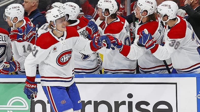 Mar 16, 2024; Edmonton, Alberta, CAN; The Montreal Canadiens celebrate a goal scored by  defensemen Kaiden Guhle (21) during the third period against the Edmonton Oilers at Rogers Place. Mandatory Credit: Perry Nelson-USA TODAY Sports