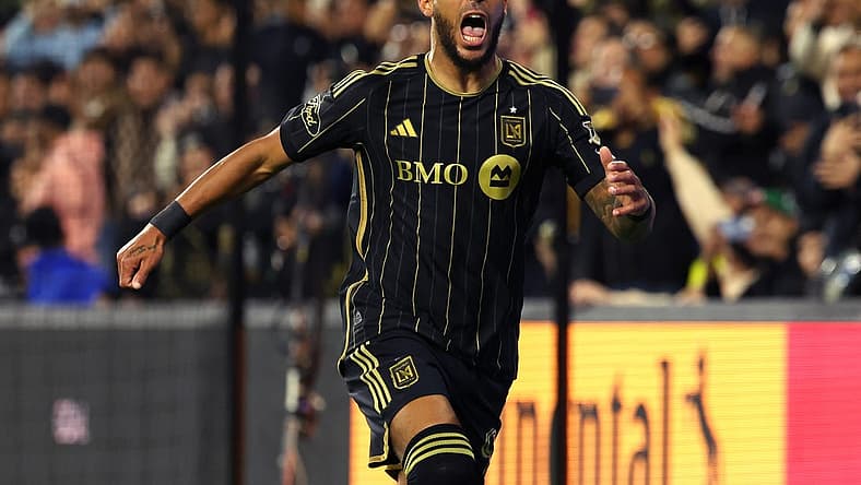 Mar 23, 2024; Los Angeles, California, USA; LAFC forward Denis Bouanga (99) celebrates his goal against Nashville SC during the first half at BMO Stadium. Mandatory Credit: Kiyoshi Mio-USA TODAY Sports