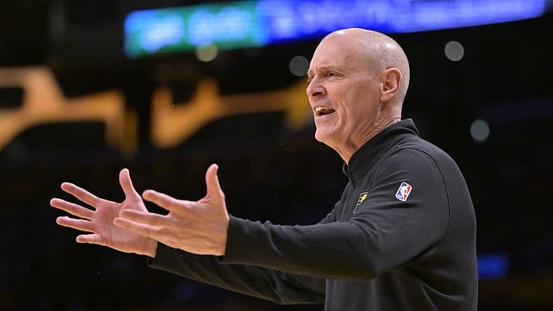 Mar 24, 2024; Los Angeles, California, USA; Indiana Pacers coach Rick Carlisle argues a foul call in the game against the Los Angeles Lakers at Crypto.com Arena. Mandatory Credit: Jayne Kamin-Oncea-USA TODAY Sports
