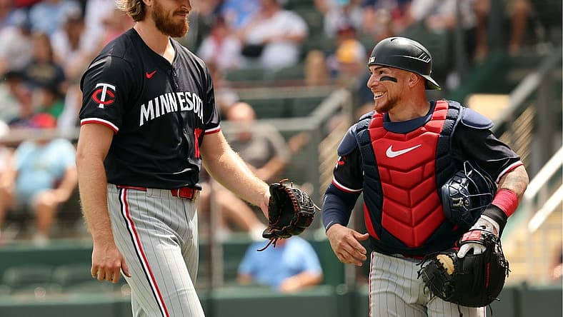 Mar 25, 2024; North Port, Florida, USA; Minnesota Twins starting pitcher Bailey Ober (17) and catcher Christian Vazquez (8) smile at the end of the fourth inning against the Atlanta Braves at CoolToday Park. Mandatory Credit: Kim Klement Neitzel-USA TODAY Sports