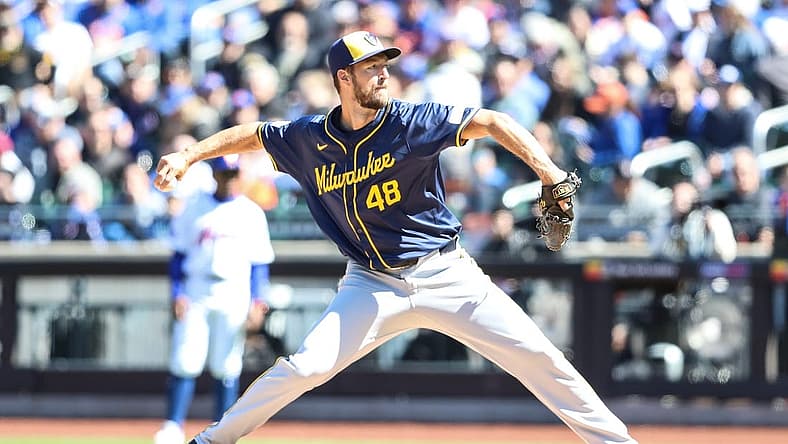 Mar 31, 2024; New York City, New York, USA; Milwaukee Brewers starting pitcher Colin Rea (48) pitches in the first inning against the New York Mets at Citi Field. Mandatory Credit: Wendell Cruz-USA TODAY Sports