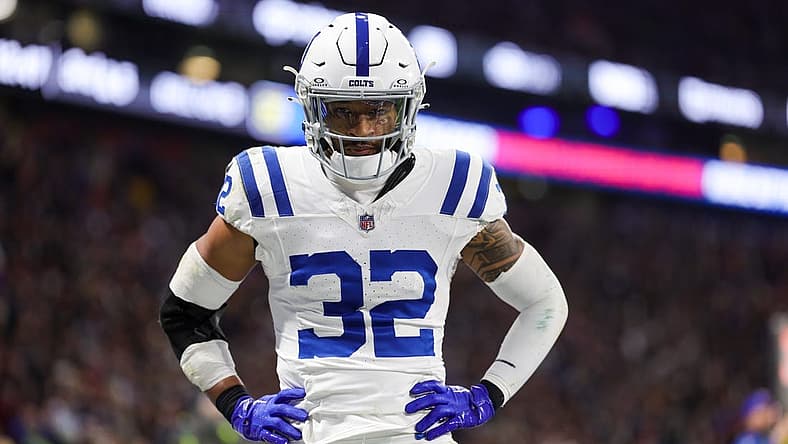 Nov 12, 2023; Frankfurt, Germany;  Indianapolis Colts safety Julian Blackmon (32) reacts after a play against the New England Patriots in the fourth quarter during an International Series game at Deutsche Bank Park. Mandatory Credit: Nathan Ray Seebeck-USA TODAY Sports