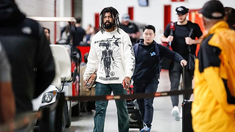 Jan 28, 2024; Santa Clara, California, USA; Detroit Lions cornerback Cameron Sutton arrives for the NFC championship game against the San Francisco 49ers at Levi's Stadium. Mandatory Credit: Junfu Han-USA TODAY Sports