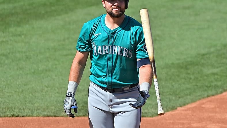 Mar 8, 2024; Mesa, Arizona, USA; Seattle Mariners catcher Cal Raleigh (29) reacts after striking out in the second inning against the Chicago Cubs during a spring training game at Sloan Park. Mandatory Credit: Matt Kartozian-USA TODAY Sports