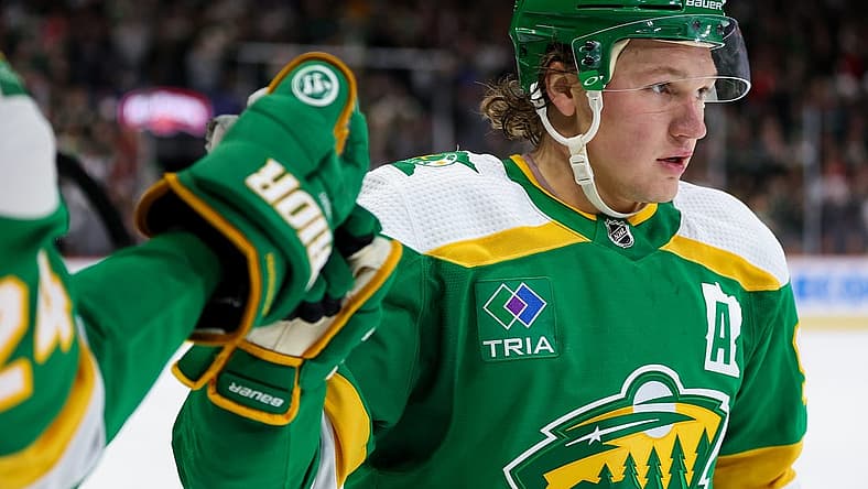 Mar 30, 2024; Saint Paul, Minnesota, USA; Minnesota Wild left wing Kirill Kaprizov (97) celebrates his power play goal against the Vegas Golden Knights during the second period at Xcel Energy Center. Mandatory Credit: Matt Krohn-USA TODAY Sports