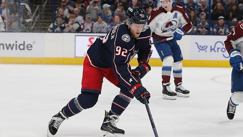 Apr 1, 2024; Columbus, Ohio, USA; Columbus Blue Jackets left wing Alexander Nylander (92) carries the puck against the Colorado Avalanche during the first period at Nationwide Arena. Mandatory Credit: Russell LaBounty-USA TODAY Sports