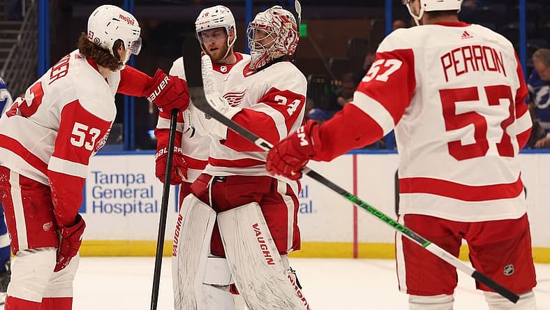 Apr 1, 2024; Tampa, Florida, USA; Detroit Red Wings goaltender Alex Lyon (34) celebrates with defenseman Moritz Seider (53), left wing David Perron (57) after they beat the Tampa Bay Lightning at Amalie Arena. Mandatory Credit: Kim Klement Neitzel-USA TODAY Sports
