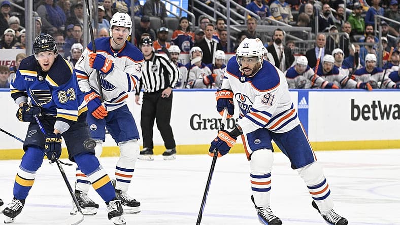 Apr 1, 2024; St. Louis, Missouri, USA; Edmonton Oilers left wing Evander Kane (91) skates against the St. Louis Blues during the first period at Enterprise Center. Mandatory Credit: Jeff Le-USA TODAY Sports