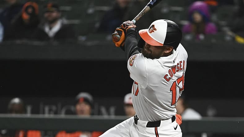 Apr 2, 2024; Baltimore, Maryland, USA; Baltimore Orioles outfielder Colton Cowser swings through a third inning rbi double against the Kansas City Royals at Oriole Park at Camden Yards. Mandatory Credit: Tommy Gilligan-USA TODAY Sports