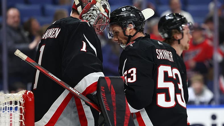 Apr 2, 2024; Buffalo, New York, USA; Buffalo Sabres goaltender Ukko-Pekka Luukkonen (1) and left wing Jeff Skinner (53) celebrate a win over the Washington Capitals at KeyBank Center. Mandatory Credit: Timothy T. Ludwig-USA TODAY Sports