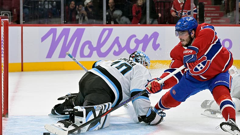 NHL: Utah Mammoth at Montreal Canadiens, kirby dach goal