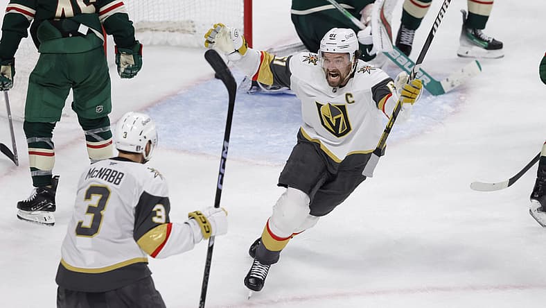 Vegas Golden Knights right wing Mark Stone (61) celebrates after scoring against Minnesota Wild goaltender Filip Gustavsson during the third period of Game 6 of a first-round NHL hockey playoff series Thursday, May 1, 2025, in St. Paul, Minn. (AP Photo/Bailey Hillesheim)