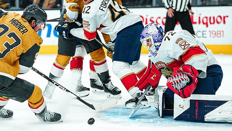 Florida Panthers goaltender Sergei Bobrovsky makes a save on Vegas Golden Knights forward Mitch Marner (Photo/Screenshot- NHL Public Relations via Twitter)