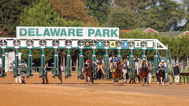 The field of five leaves the starting gate for the Delaware Handicap horse race on Sept. 28, 2025, at Delaware Park.