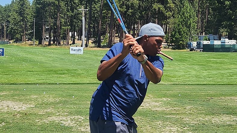 Charles Barkley warms up on the driving rage on Thursday, July 10, 2025 at Edgewood Tahoe golf course ahead of the American